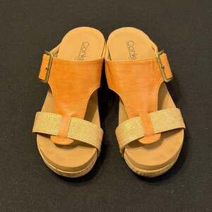 Corkys Top Secret Wedge Tan Leather & Raffia sz Women’s 6